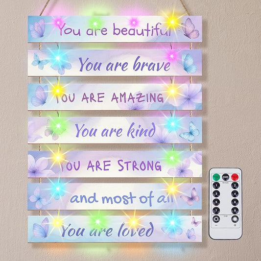 FIOBEE Girls Room Décor for Teen Girls Boys with LED Light Wall Decor for Bedroom Motivational Inspirational Wall Art Girl Room Decoration for Kids Studyroom, 8 Kinds of Lights, Blue Purple Butterfly