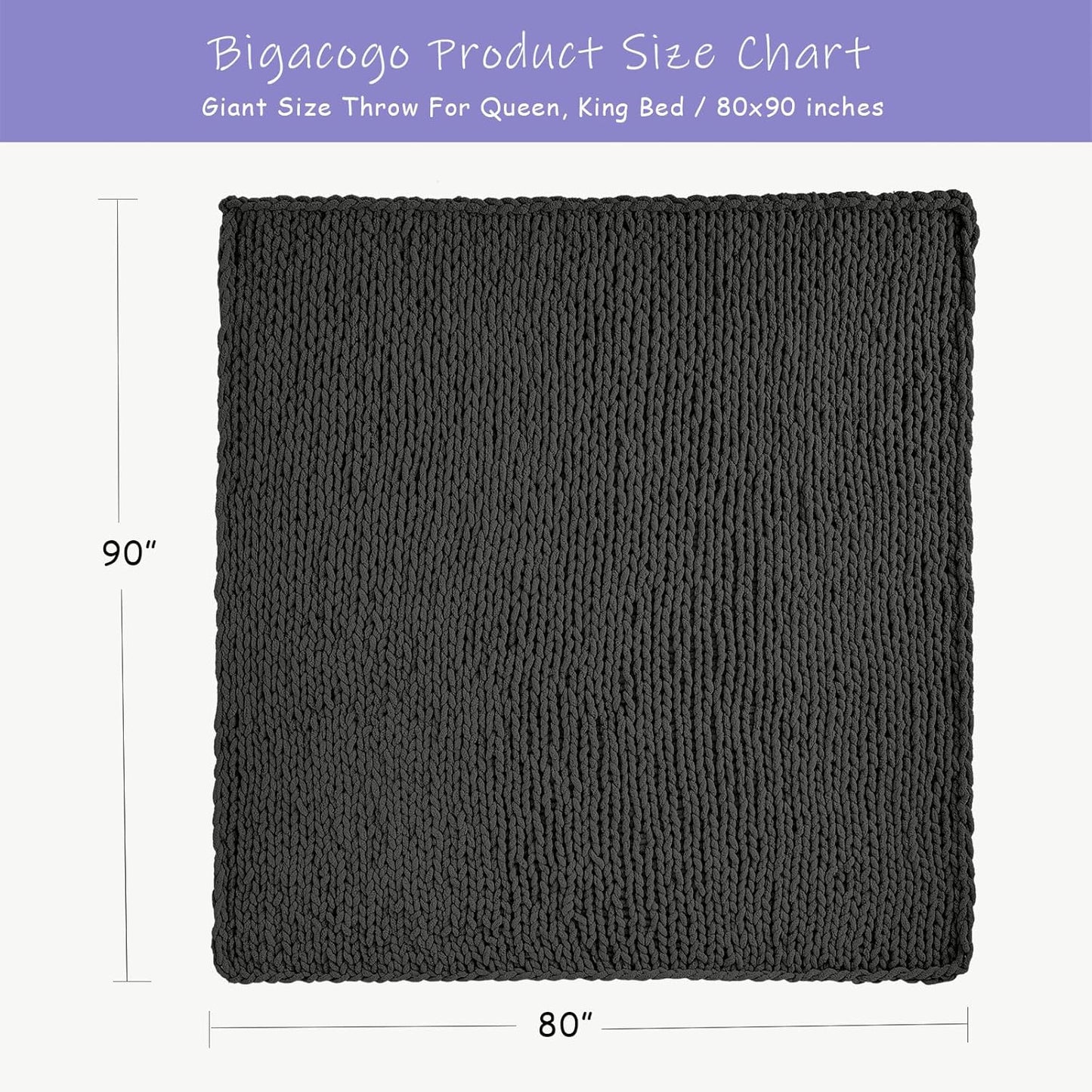 Bigacogo Chunky Knit Throw Blanket for Couch, 80x90 inches, 100% Hand Knitted with Thick Jumbo Chenille Yarn, Cozy Soft Large Rope Knot Cable Crochet Blankets for Sofa Bed Living Room, Dark Grey