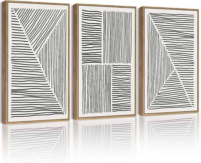 Drsoum Mid-Century Modern Framed Wall Art Minimalist Abstract Boho Black Line Wall Decor Geometric Artwork Kitchen Dining Room 11x14in Natural Framed
