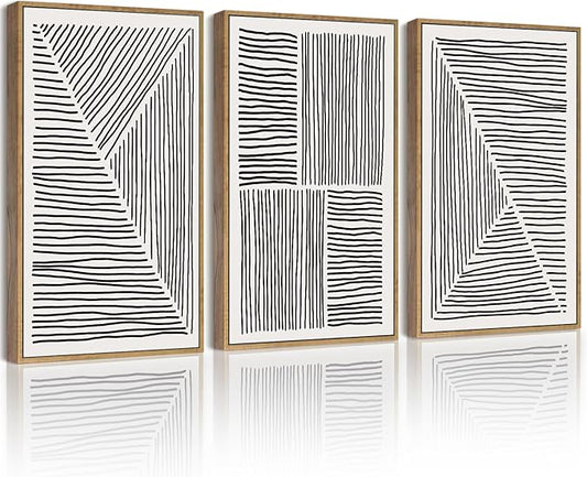 Drsoum Mid-Century Modern Framed Wall Art Minimalist Abstract Boho Black Line Wall Decor Geometric Artwork Kitchen Dining Room 11x14in Natural Framed