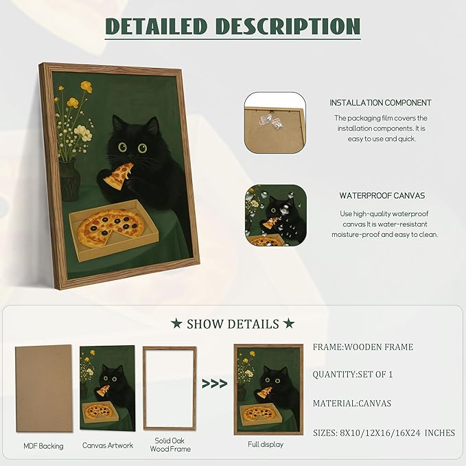 Framed Black Cat Wall Art, Cute The Cat Eating Pizza Canvas, Funny Kitchen Pictures Decor, Playful Food Lover Prints Artwork, Whimsical Animal Wall Decor for Kitchen Dining Room – 8x10 inch