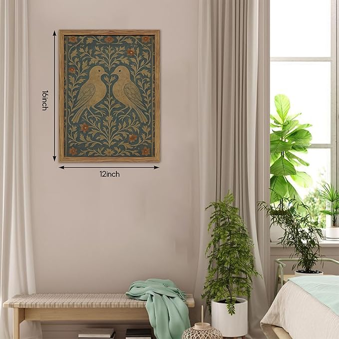 Framed Lovebirds Canvas Wall Art, Vintage Botanical Blue Rustic Wall Decor, Farmhouse Birds Botanical Pictures Prints, Nature Painting Artwork Aesthetic for Living Room Bedroom – 12x16 inch