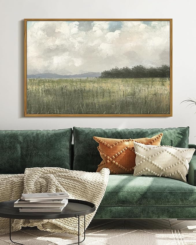 SHENIFY Vintage Landscape Framed Wall Art Country Meadow Scenery Farmhouse Decor Retro Painting for Living Room Bedroom Ready to Hang Wall Artwork - 16x24in Natural Framed