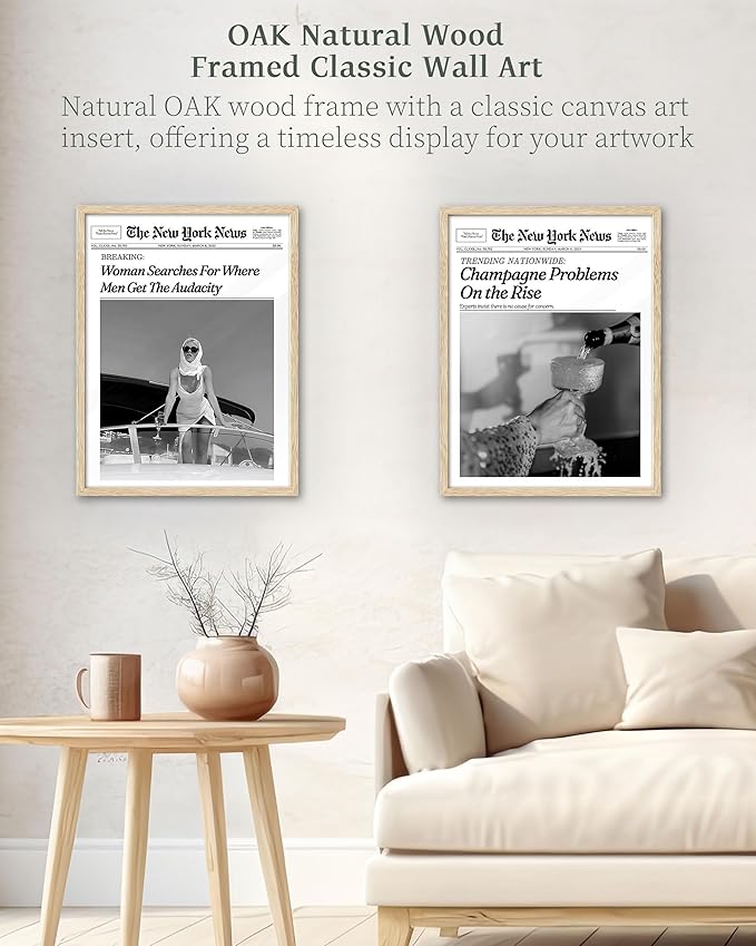 iHery Small 8X10in Champagne Problems On the Rise Newspaper Small Framed Wall Art, Natural OAK Wood Trendy 8X10in Canvas Wall Art Décor For Bedroom Living Room Set of 1
