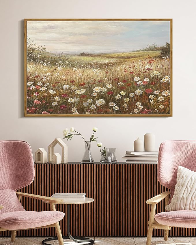 SHENIFY Vintage Framed Wall Art Meadow with Flowers Landscape Scenery Home Decor Retro Wildflower Field Decorations for Farmhouse Bedroom Ready to Hang Wall Artwork - 16x24in Natural Framed