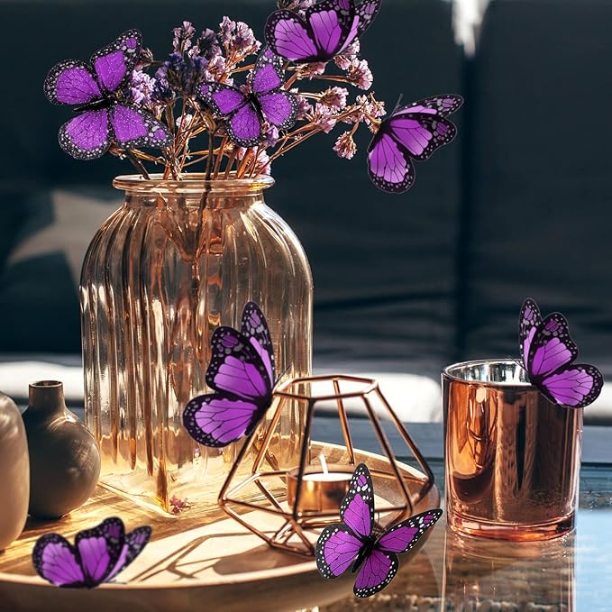Chuangdi 48 Pcs Purple Monarch Butterfly Decorations 3 Size Fake Butterflies Realistic Butterfly Craft Artificial Mariposas Wall Decor for Craft Wedding Home Birthday Party (3.2inch,4inch,4.7inch)