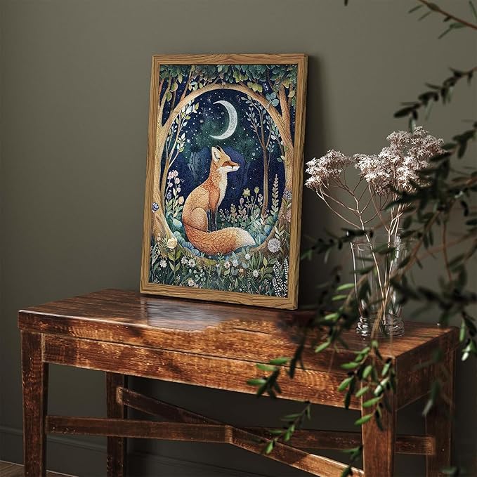 Framed 3D Textured Vintage Wall Art - Cottagecore Hand Drawn Sandstone Fox Paintings Wall Decor, Whimsical Forest Animal Floral Botanical Aesthetic for Bedroom Living Room Nursery 16x24 inch