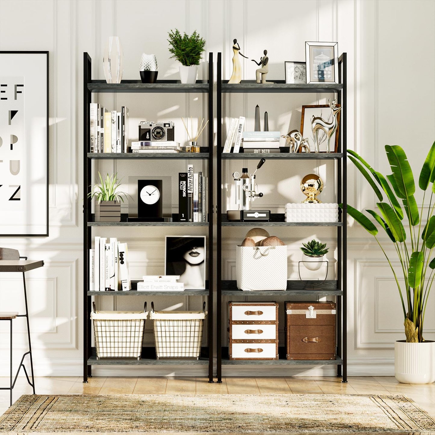 NUMENN Bookshelf, 5 Tier Bookshelves, Home Office Bookcase Shelf Storage Organizer, Free Standing Storage Shelving Unit for Bedroom, Living Room and Home Office, Dark Grey