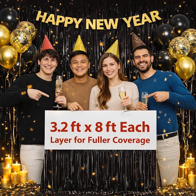 Black Foil Fringe Curtains Party Decorations – 3 Pack 3.2 x 8.2 ft Shiny Black Tinsel Curtain Backdrop for Birthday, Graduation & Photo Booth, Easy to Install