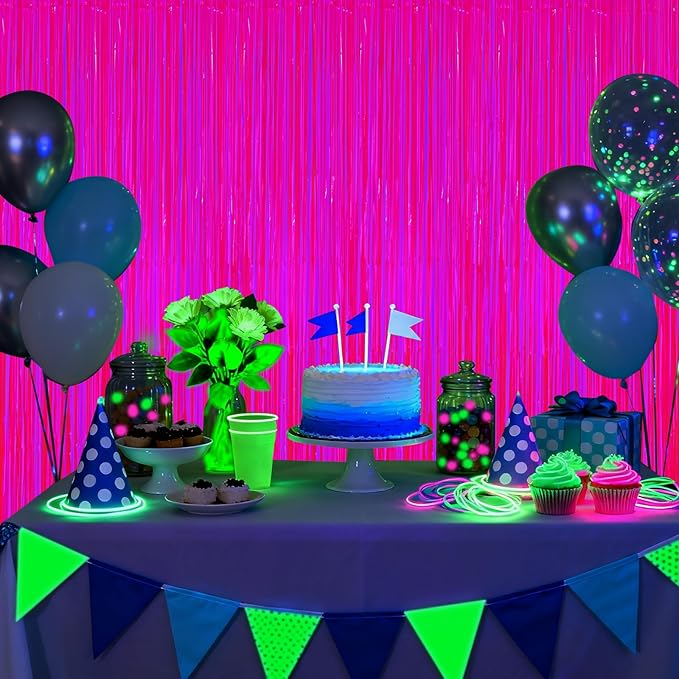 2 Pack Glow in The Dark Party Streamers, Neon Party Decorations Fluorescent Macaron Fuchsia Tinsel Foil Fringe Curtains, Photo Booth Prop Backdrop Streamers, Birthday Halloween Party Decorations