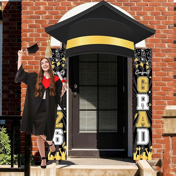 3Pcs Graduation Cap Door Banner 2026 Graduation Door Decoration Class of 2026 Porch Sign Congrat Grad Hanging Banner Decor Grad Party Indoor Outdoor Wall Decor Photo Prop Supplies Black Gold