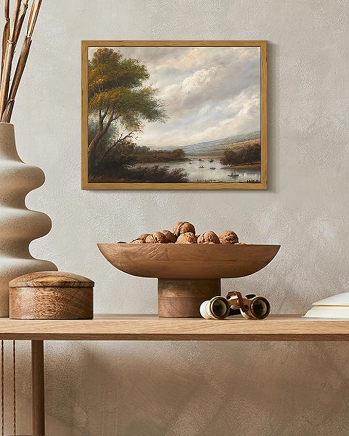 SHENIFY Vintage Landscape Framed Wall Art Riverside Scenery Farmhouse Decor Retro Boat Travel Painting for Kitchen Living Room Bedroom Bathroom - 8x10in Natural Framed