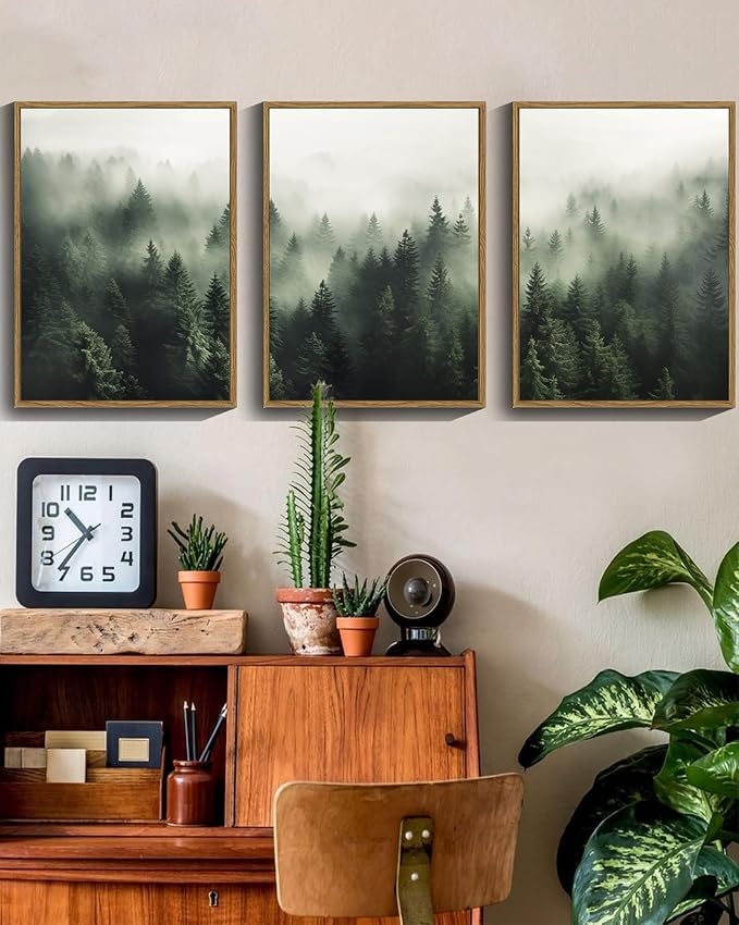 SHENIFY Green Fog Pine Tree Forest Canvas Wall Art 11x14in Framed Modern Artwork Prints Decor