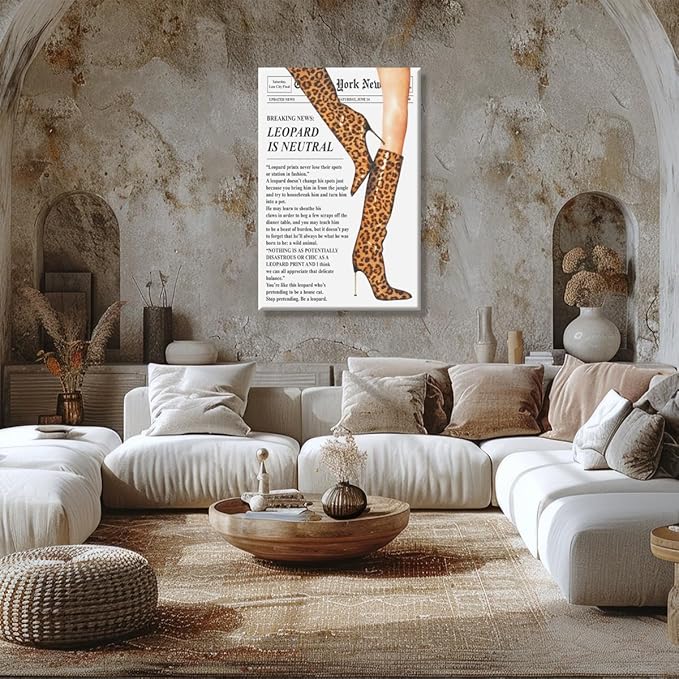 Trendy Newspaper Posters Vintage Leopard Boots Poster Feminist Canvas Prints Retro Fashion Bar Cart Magazine Cover Wall Art for Hot Girl Preppy Y2k Aesthetic Room Home Decor 24x36inch Framed