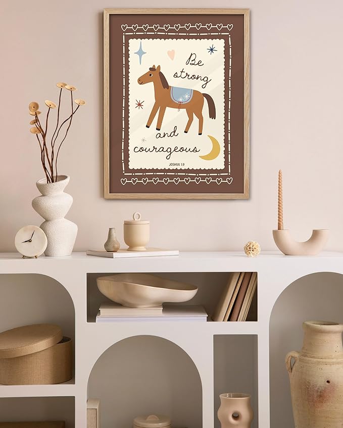 KensTro Christian Nursery Decor Framed Wall Art, 12x16 in Boho Christian Bible Verse Quote Canvas Wall Art,Be Strong and Courageous Horse Art Print Children Playroom Bedroom Decor Set of 1