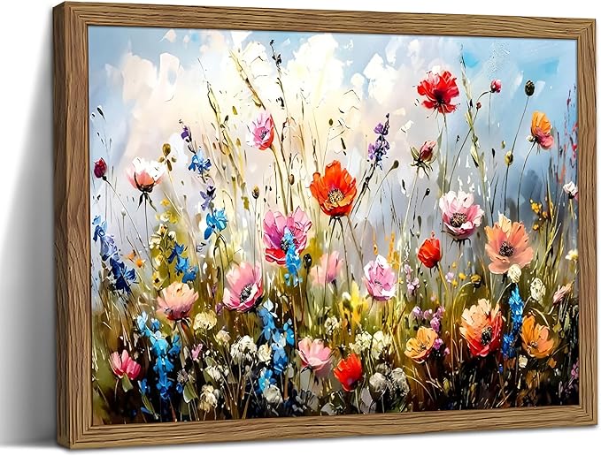 Framed Nature Floral Canvas Wall Art for Living Room - Colorful Flowers Botanical Wall Decor, Floral Market Watercolour Pictures Prints for Bedroom Bathroom Home Decor 16x24 inch