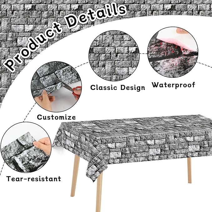 party greeting Stone Wall Tablecloth Roll 200FT x 51 Inch Disposable Brick Stone Plastic Table Covers Roll Castle Wall Backdrop for Halloween Western Birthday Medieval Party Decoration Favors Supplies