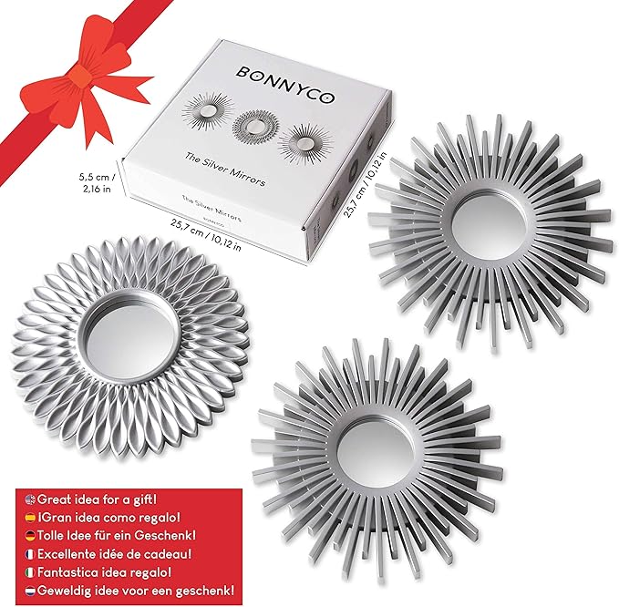 BONNYCO Wall Mirrors Pack of 3 Round Silver Mirrors for Home Decor, Bedroom and Room. Espejos Decorativos de Pared Sala Dormitorio, Circle Wall Decor Minimalist Vintage, Chic. Gifts for Women Mums