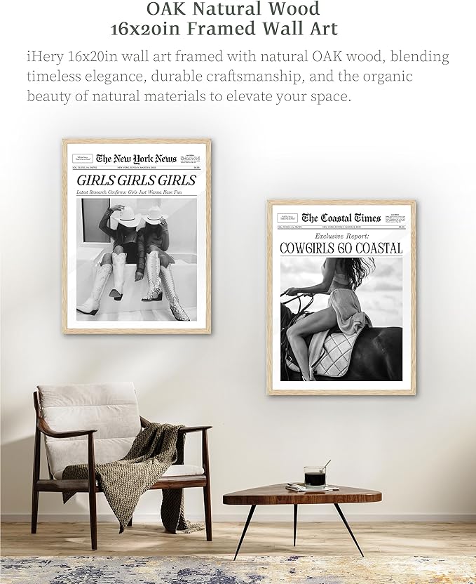 iHery Cowgirls Go Coastal Framed NewsPaper Canvas Wall Art,Natural OAK Wood Large 16x20in Wall Decor For Bedroom, Trendy Western Horseback Riding Times for Dorm Living Room, Home Décor 1Pack