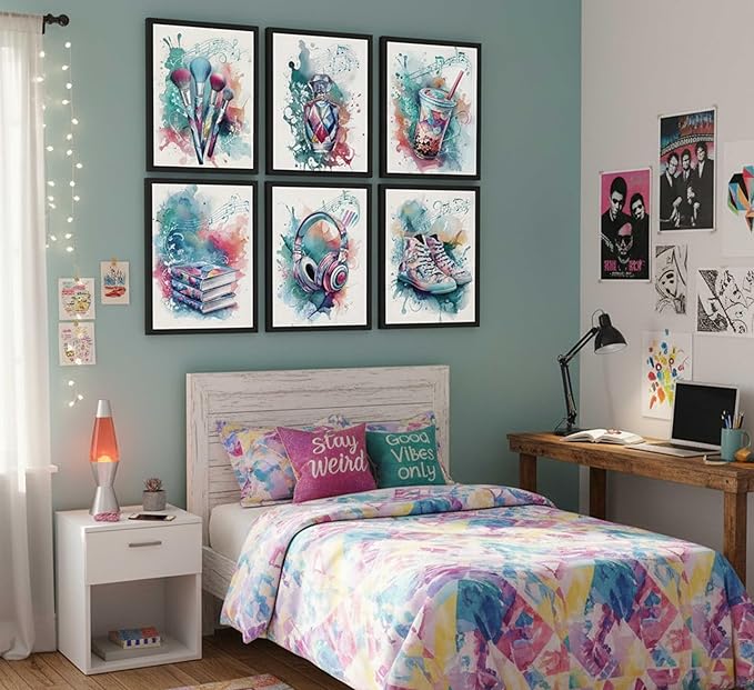 Suvinor 6Pcs Teen Girls Bedroom Canvas Wall Art Blue Preppy Perfume Cosmetics Headphones Painting Picture Wall Decor Music Lover Print Artwork for Girl Bedroom Bathroom Dorm Home Decoration Unframed