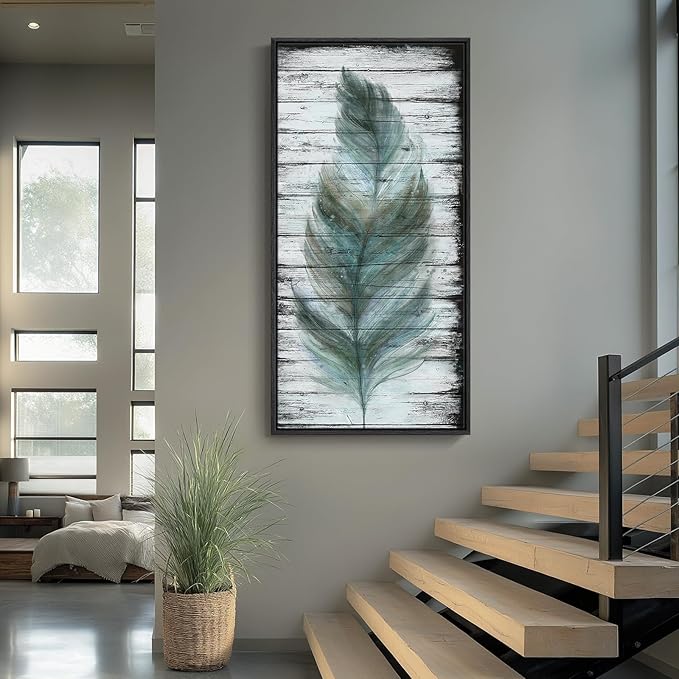 Framed Vertical Feather Living Room Wall Art, Large Vintage Black and Teal Canvas Artwork for Walls, Farmhouse Rustic Feather Painting Print for Office Kitchen Foyer Stair Wall Decor, 20x40 Inch
