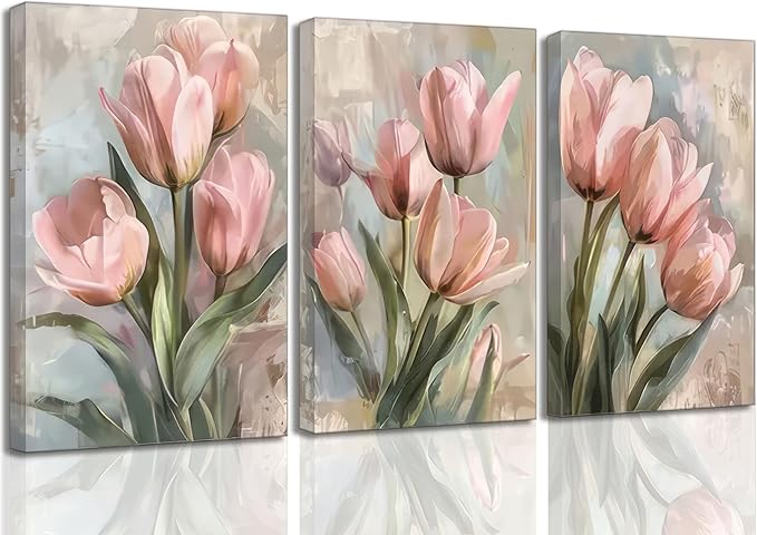 3 Pcs Vintage Pink Tulips Flowers Canvas Wall Art Retro Spring Pink and Green Floral Botanical Paintings Pictures Wall Decor Poster Print Artwork for Living Room Bedroom Home Decoration