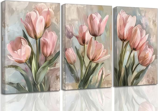 3 Pcs Vintage Pink Tulips Flowers Canvas Wall Art Retro Spring Pink and Green Floral Botanical Paintings Pictures Wall Decor Poster Print Artwork for Living Room Bedroom Home Decoration