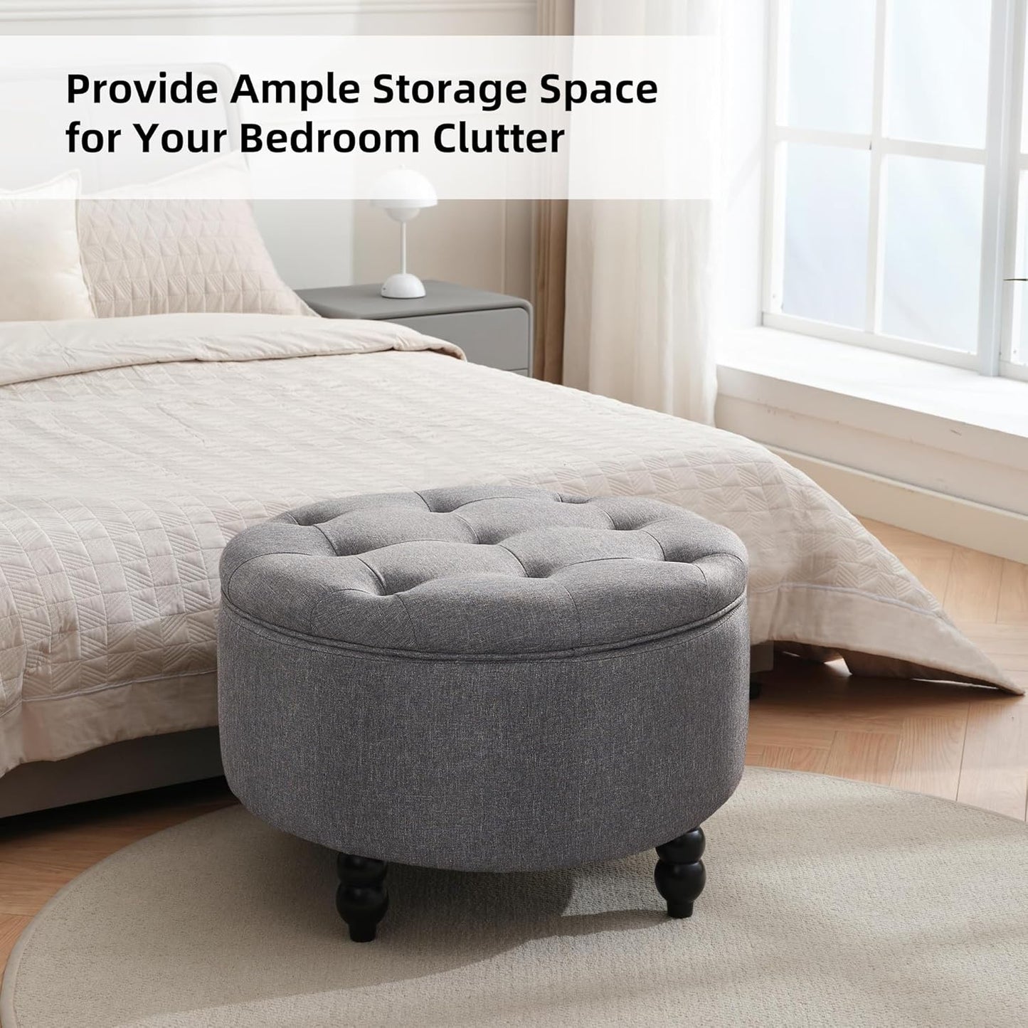 Fabric Round Ottoman with Storage, Upholstered Tufted Storage Footstool, Modern Wooden Coffee Table for Living Room, Bedroom, Dark Grey