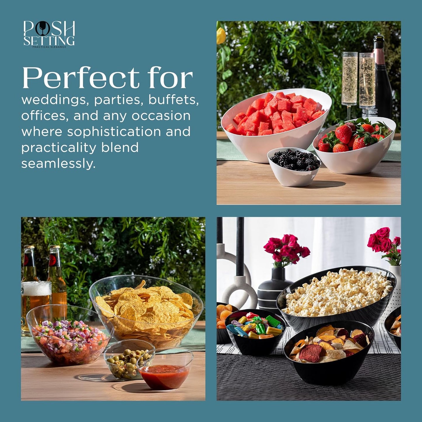 Posh Setting Gold Plastic Serving Bowls - Angled, Disposable for Chips, Candy, Salad, Fruit - Wedding and Party Table - Gold Glitter, 8 OZ, 5 Pack