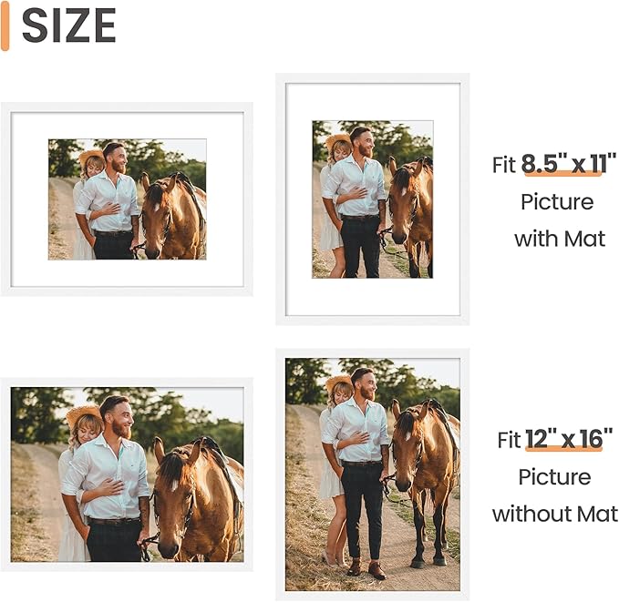 upsimples 12x16 Picture Frame Set of 5, Display Pictures 8.5x11 with Mat or 12 x 16 Without, Wall Gallery Poster Frames, White