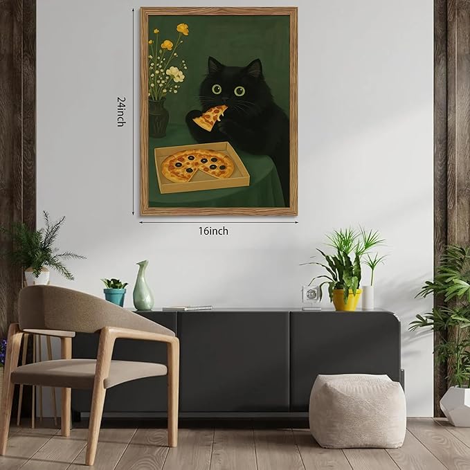 Framed Black Cat Wall Art, Cute The Cat Eating Pizza Canvas, Funny Kitchen Pictures Decor, Playful Food Lover Prints Artwork, Whimsical Animal Wall Decor for Kitchen Dining Room – 16x24 inch