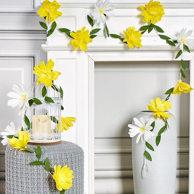 EASY JOY Crepe Paper Flowers Banners White Yellow Floral Banner Spring Hanging Paper Flower Leaves Garlands for Spring Birthday Wedding Home Decorations