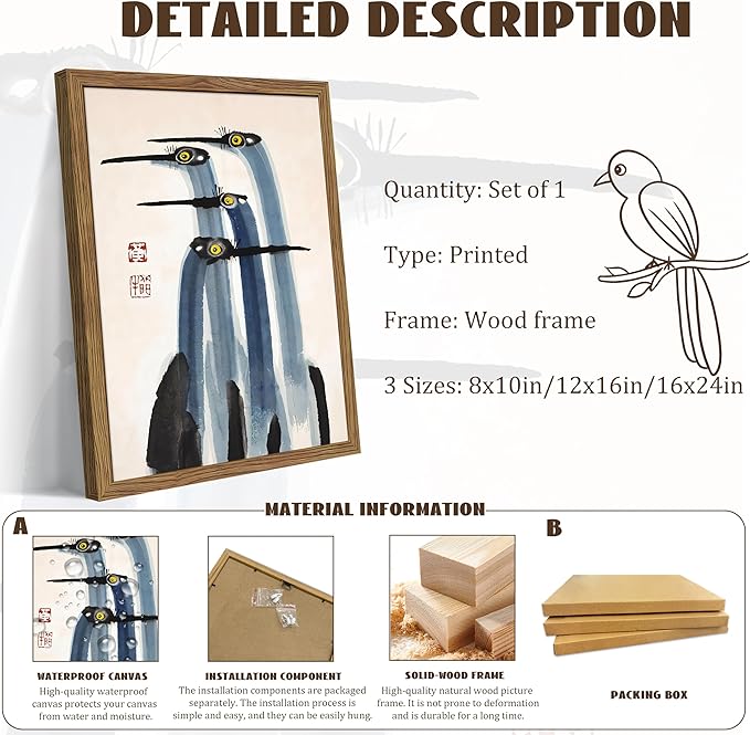 Framed Vintage Canvas Wall Art, Elegant Ink Cranes Painting, Antique Watercolor Prints, Classic Chinese Style Bird Artwork, Farmhouse Wall Decor for Living Room Study Office – 16x24 inch