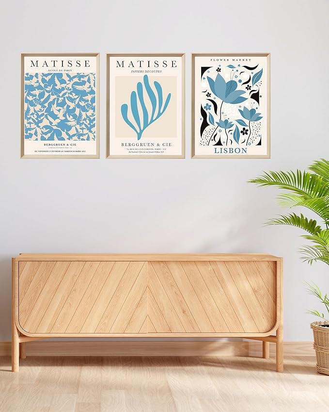 KensTro Framed Wall Art,Matisse Wood Canvas Blue Wall Art,12"x16" Cotton Pattern Vintage Poster Wall Decor Aesthetic for Living Room Bedroom,12x16in Henri Matisse Minimalist Wood Frame Prints,Set of 3