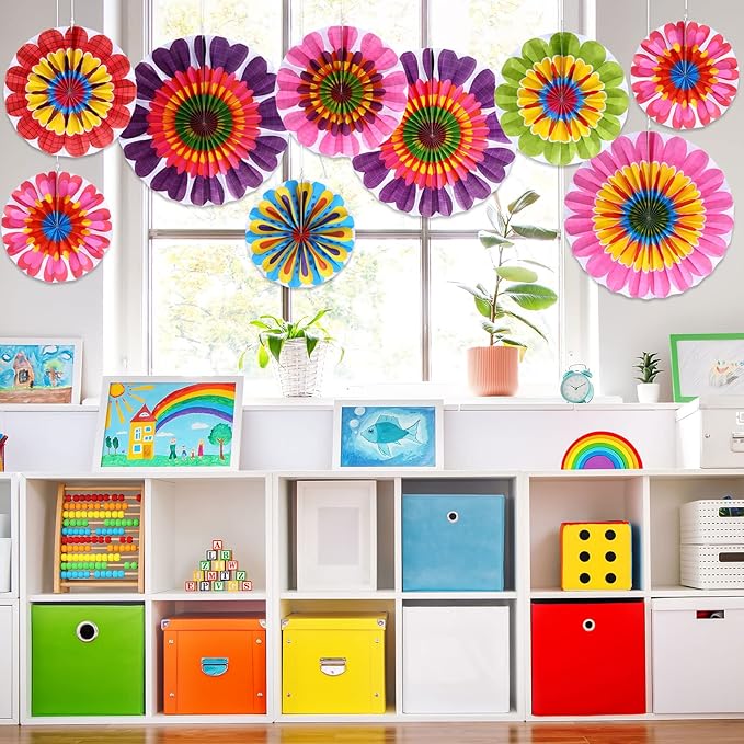 Outus Flower Hanging Decorations Fall Paper Fans Classroom Ceiling Wall Decor Colorful Bloom Paper Fan for Wedding Birthday Birthday Party Supplies(27 Pcs,Spring Flower)