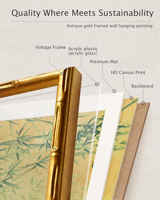 VIYYIEA Bamboo Detail Design Gold Framed Wall Art, Bamboo Painting, Vintage Framed Wall Decor, Picture Print Painting for Home Decor, 11 x 14 Inch
