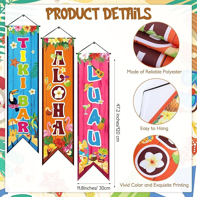 3 Pcs Hawaiian Banners Aloha Luau Porch Sign Tiki Bar Hanging Flag Tropical Welcome Sign Summer Beach Pool Party Decorations Photo Props Backdrop for Outdoor Door Wall Yard Birthday Camping