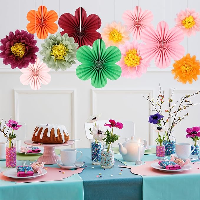 BestoFun 12PCS Tissue Paper Flower Fans – Wine Red & Pink Party Decorations for Birthday, Wedding, Baby Shower, Anniversary, Bridal Shower, Holiday Party