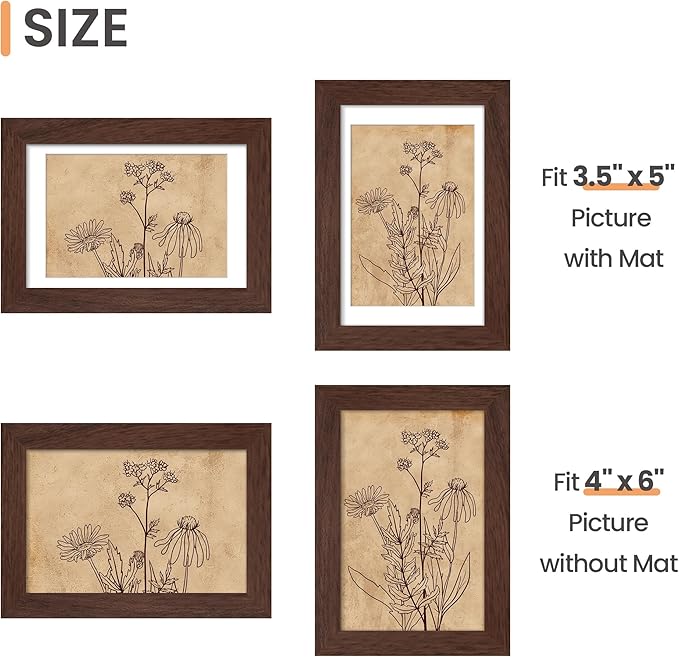 upsimples 4x6 Picture Frame Set of 10, Display Pictures 3.5x5 with Mat or 4x6 Without, Multi Photo Frames Collage for Wall or Tabletop Display, Brown