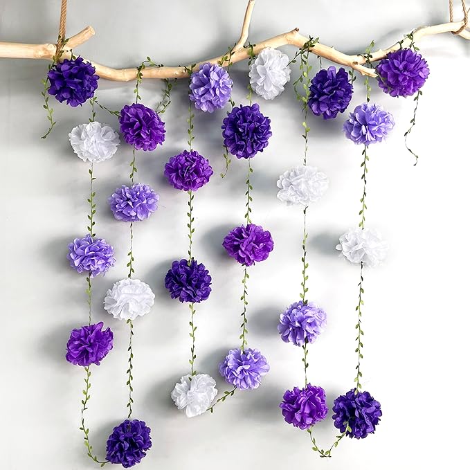 Ombre Purple White Party Decorations Lavender White Tissue Paper Flowers Pom Pom with Leaf Ribbon Hanging Garland Streamer for Birthday Baby Shower Bachelorette Wedding Lilac Violet Party Supplies