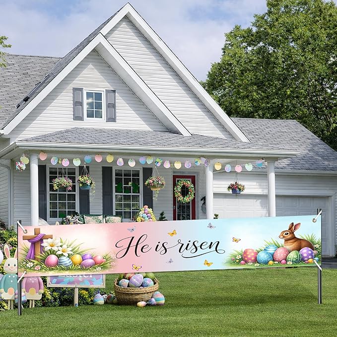 Easter Banner He Is Risen Easter Decorations Resurrection Cross Spring Christian Faith Decor 118×20 inch Religious Easter Banner for Yard Fence Wall Door Porch Indoor Outdoor Church Display