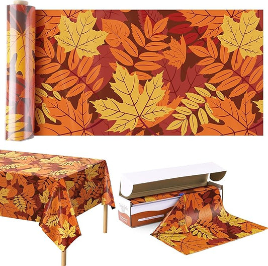 Kochorie 100 Ft x 54 Inch Fall Leaf Tablecloth Roll with Cutter Box Disposable Fall Thanksgiving Plastic Table Cover Backdrop Cut to Size Maple Leaves Table Cloth Roll for Autumn Party Decorations