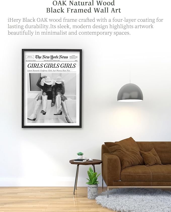 iHery Premium Natural Black OAK Wood 12x16in Girls Just Wanna Have Fun Trendy Framed Wall Art, Black and White Vintage Bar Car Canvas Wall Decor For Dorm Bedroom Living Room 1Pack