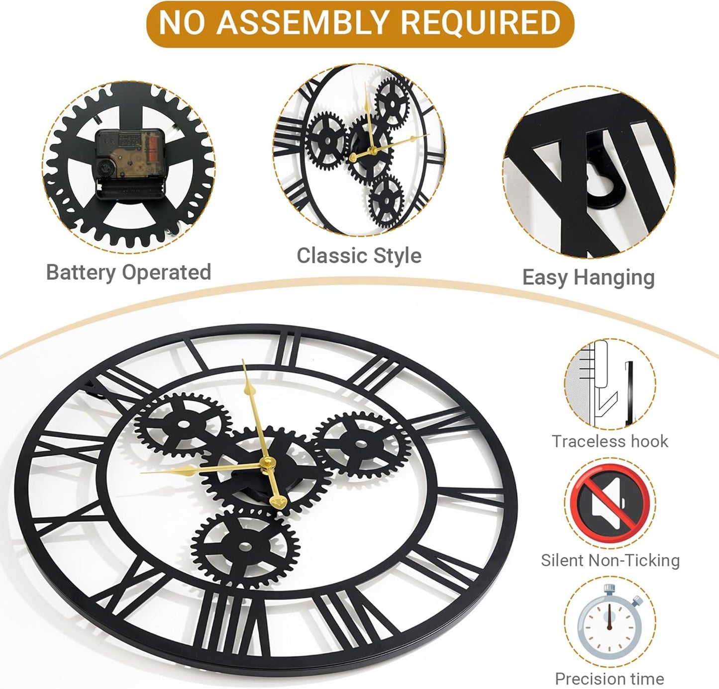 20inches/50cm Wall Clocks for Living Room Deco Non Ticking Silent Battery Operated Modern Vintage Roman Numeral Oversized Wall Clocks for Bedroom Kitchen Fireplace Office Farmhouse