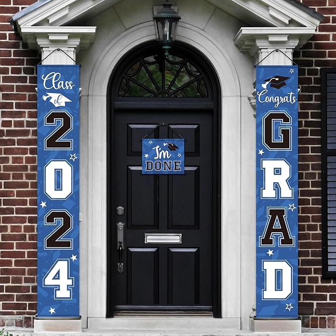 Moukeren 3 Pieces 2025 Graduation Party Decorations Graduation Porch Sign Class of 2025 Grad Hanging Porch Banner Backdrop Door Sign for Grad Party Home Door Wall Decor(Blue Black)