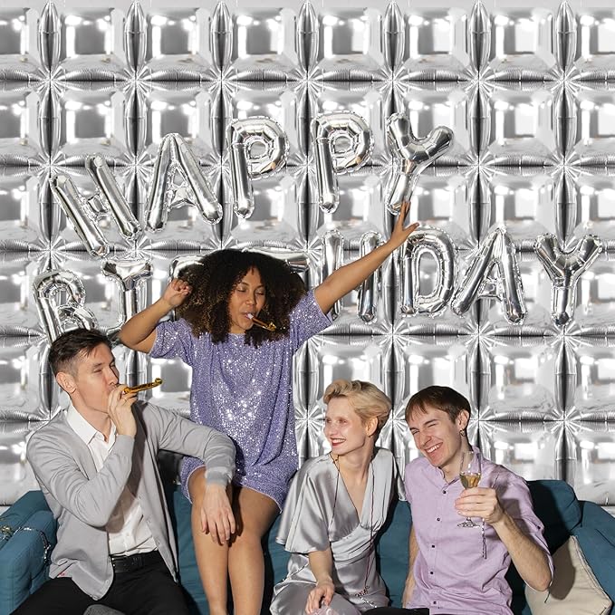 NISOCY 48PCS Metallic Silver Square Foil Balloons Wall Backdrop Chrome Silver Balloons Tunnel Garland Arch Kit for New Year Anniversary Bachelorette Birthday Engagement Bridal Shower Party Decorations