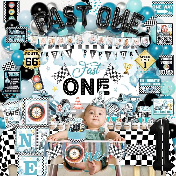 Mpanwen Fast One Birthday Decorations for Boys, 143Pcs Race Car Racing 1st Party Decor Supplies for Baby - Banner, Cake Toppers, Balloons, Tablecloth, Centerpieces, Crown, Poster, Boxes, Wall Signs