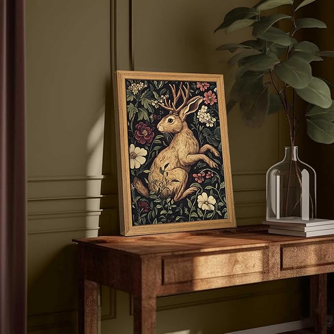 Framed Vintage Jackalope Wall Art, William Morris Dark Botanical Cottagecore Decor, Mythical Folklore Nature Illustration, Hand Drawn Sandstone Art for Living Room Bedroom 12x16 inch