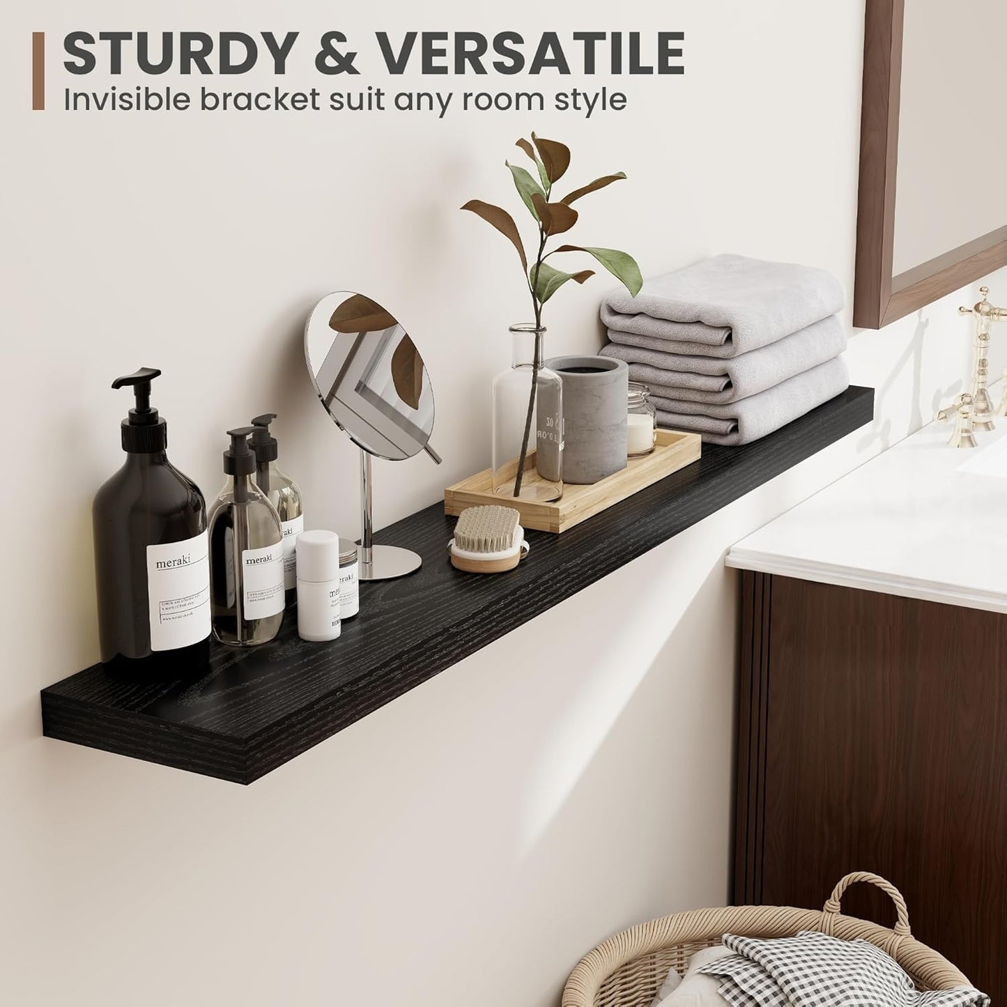 24 Inch Floating Shelves, 8 Inch Deep Floating Shelves for Wall, Hanging Shelf with Invisible Brackets, Deep Shelves for Bathroom, Bedroom, Living Room, Black, Set of 2