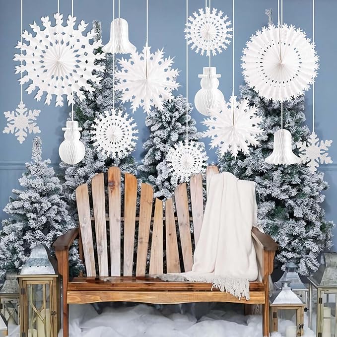 PAPER JAZZ 13 PCS Christmas Snowflake Decorations,White Paper Snowflake Hanging Ornaments,Christmas Honeycomb Decorations with Paper Fan/Garland/Snowman for Ceiling/Wall,Winter Wonderland,Winter Decor
